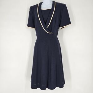 Escada Margaretha Ley Vintage Navy Blue Wrap Style Dress Beige Trim Size 38 M
